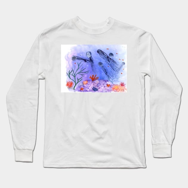 Jellyfish Watercolor Illustration Long Sleeve T-Shirt by Sandraartist